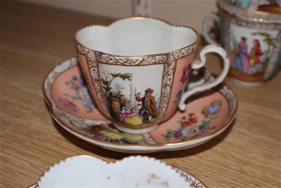 A group of Dresden cup saucers and covers, a Russian tea cup and other Continental porcelain cups